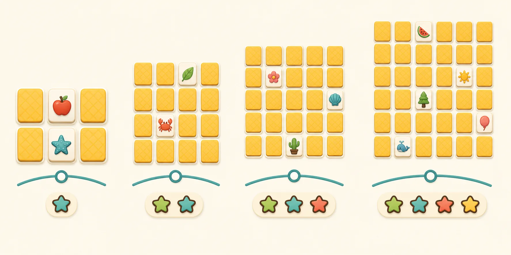 Card grids increasing from small to large to show memory game difficulty progression
