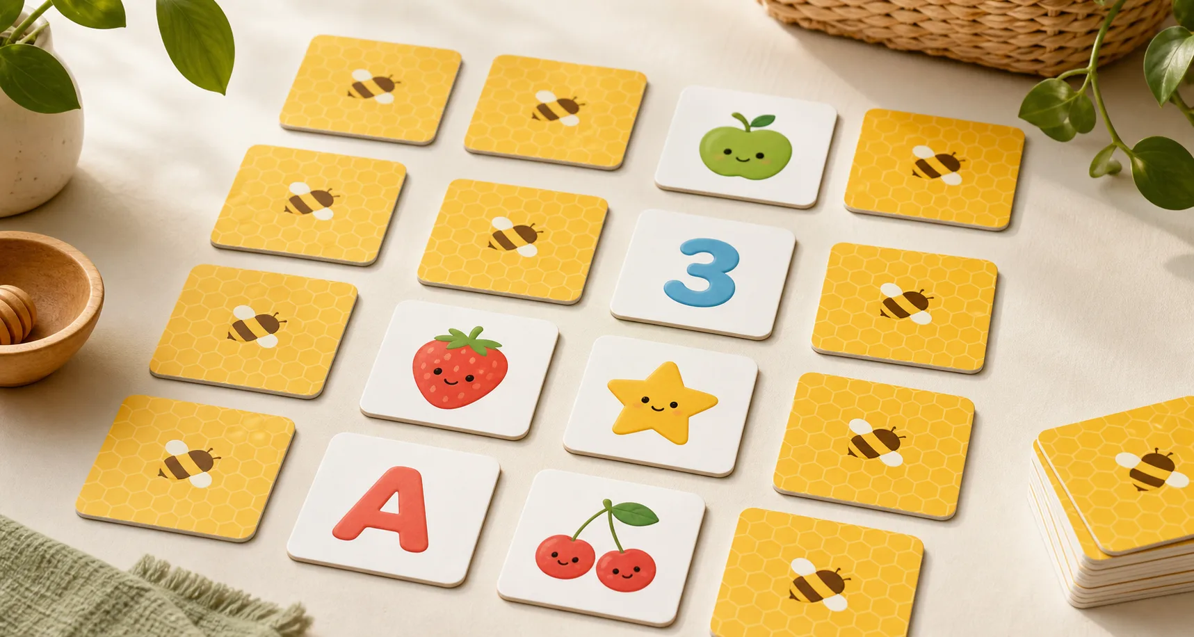 Memory matching cards with bee-pattern backs and fruit, letter, number, and star matches
